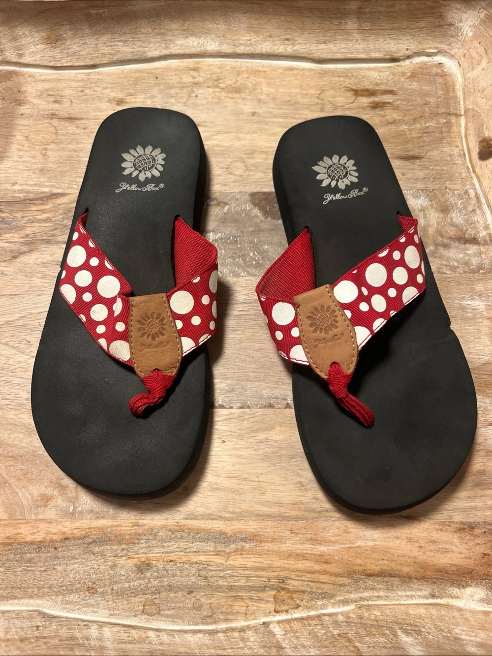 Yellow Box Red and White Polka Dot Thong Sandals with Brown Accent